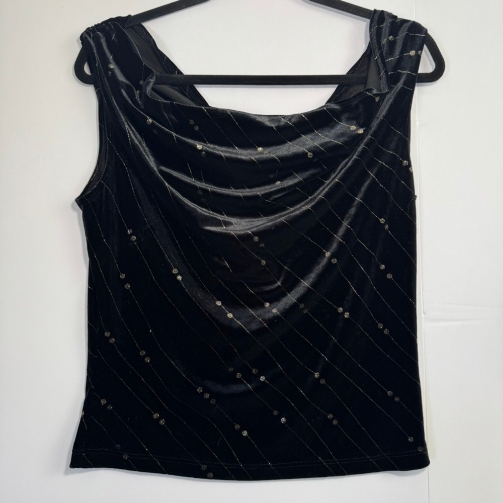 Star City Black Velvet Draped Neck Top Metallic Glitter Pinstripe Sleeveless L